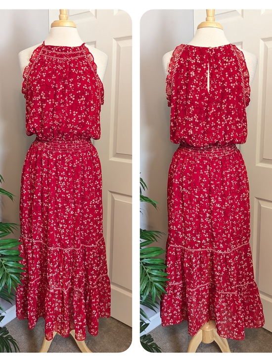 Max Studio Dresses & Skirts - Max Studio Red White Floral Ruffle Smocked Sleeveless Halter Maxi Dress Large